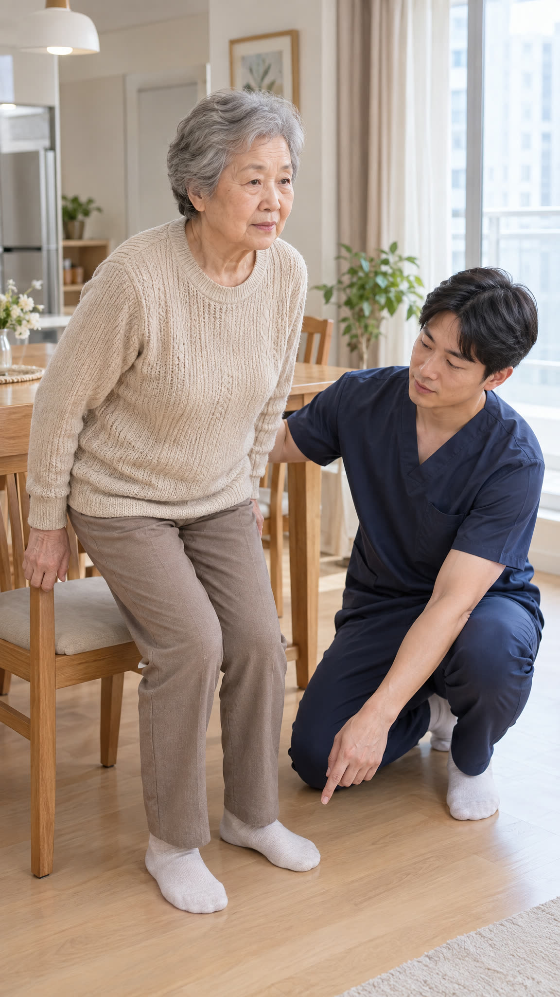 의자에서 상체를 숙이고 천천히 일어서는 동작을 선생님이 돕는 장면
